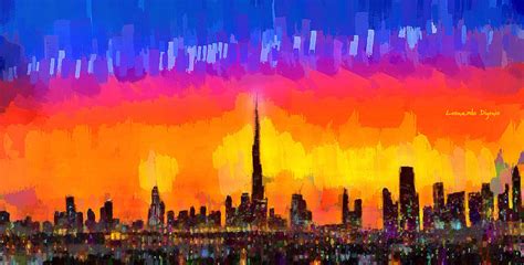 Dubai Skyline Sunset Pa Painting By Leonardo Digenio Fine Art America