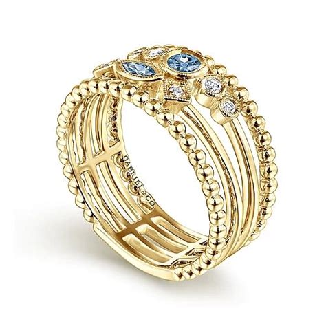 14K Yellow Gold Swiss Blue Topaz And Diamond Multi Row Ring