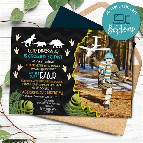 Dino Dig Birthday Invitation With Photo Printable Diy Bobotemp