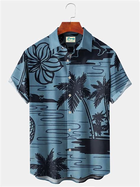 Royaura Beach Vacation Men S Blue Hawaiian Shirt Coconut Tree Stretch