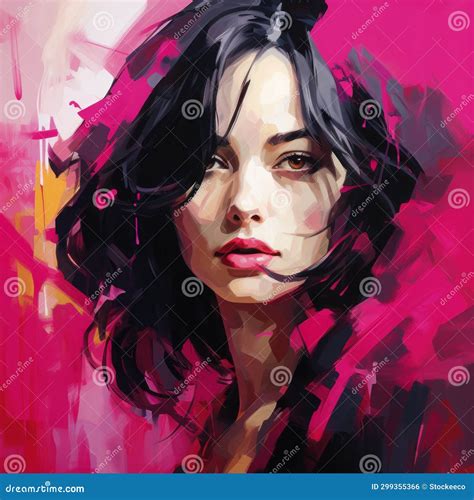 Intense Color Portrait Pink Painting Of A Girl With Long Black Hair