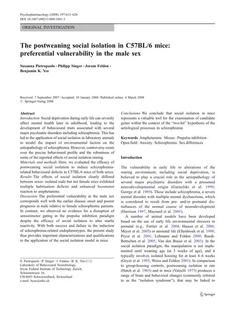 PDF The Postweaning Social Isolation In C BL Mice Preferential Vulnerability In The Male Sex