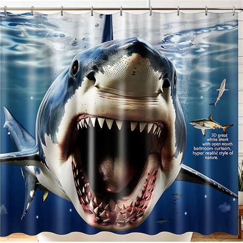 Great White Shark Bathroom Curtain Hyper Realistic Underwater Scene