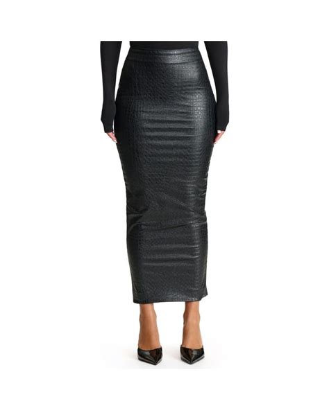 Naked Wardrobe Croc Embossed Faux Leather Midi Skirt In Black Lyst
