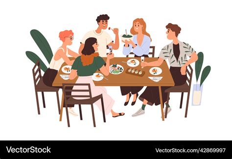 Friends gathering at dining table with wine Vector Image