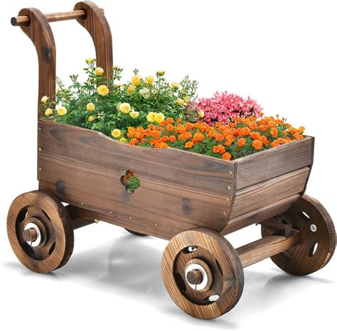 Costway Brouette Fleurs Jardini Re En Bois De Sapin Carbonis Roues