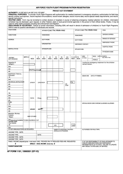 Af Form 1181 Air Force Youth Flight Program Patron Registration