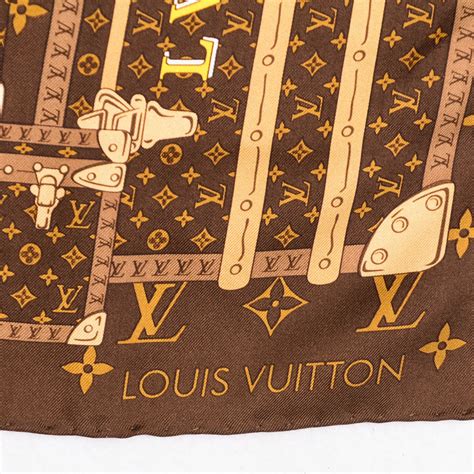 Louis Vuitton Silk Monogram Trunks Square Scarf Brown