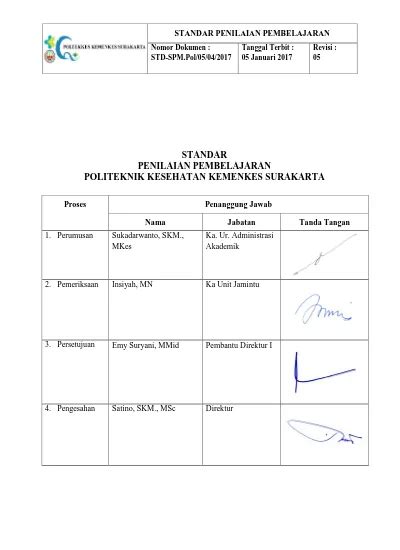 STANDAR PENILAIAN PEMBELAJARAN POLITEKNIK KESEHATAN KEMENKES SURAKARTA