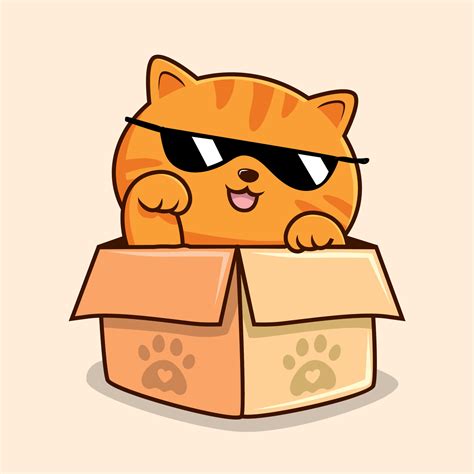 Striped Orange Cat In Box Cartoon Waving Hand Cute Orange Tabby Pussy Cat With Glasses Cool