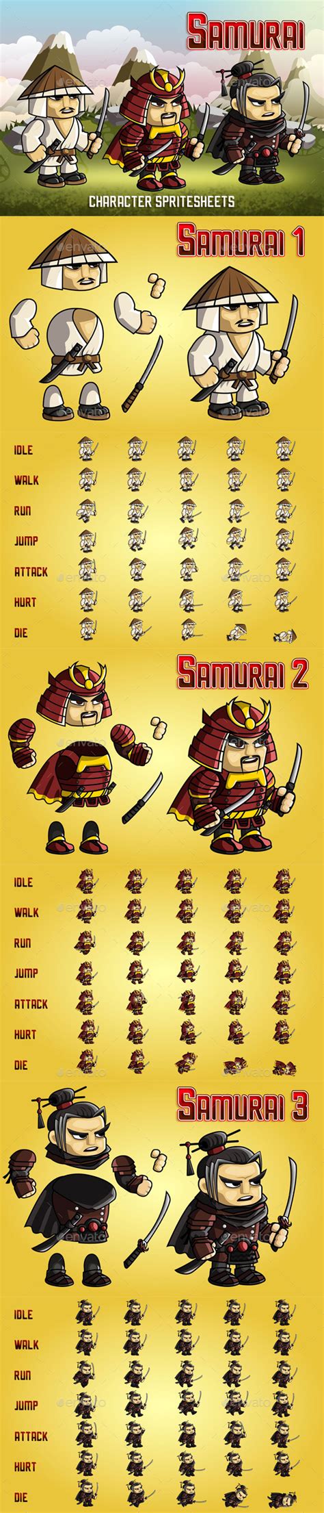 Samurai 2d Game Character Sprite Sheet By Craftpixnet Graphicriver