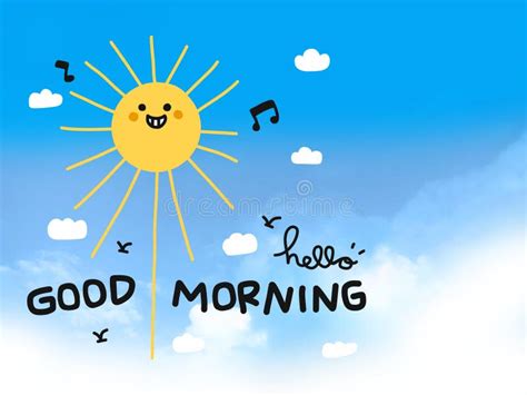 Hello Good Morning Happy Sun Smile Cartoon Doodle on Blue Sky Stock ...