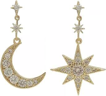 IMPERO JEWELRY Aretes Colgantes De Luna Y Estrella Diamantados En Oro