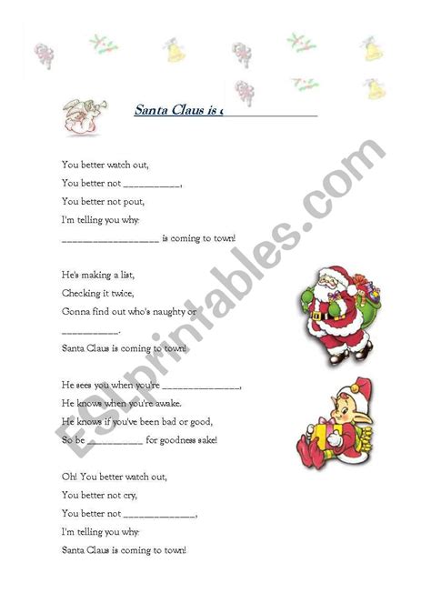 Christmas Song Santa Claus Is Coming To Town Esl Worksheet By Tachita