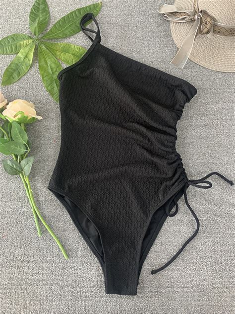 Draw String Sides Jacquard Fabric Sexy Lady One Piece Swimwear Bikini For Wholesale And Black