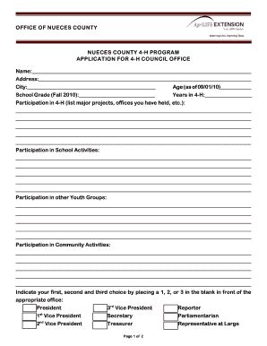 Fillable Online Agrilife Application For 4 H Council Office AgriLife