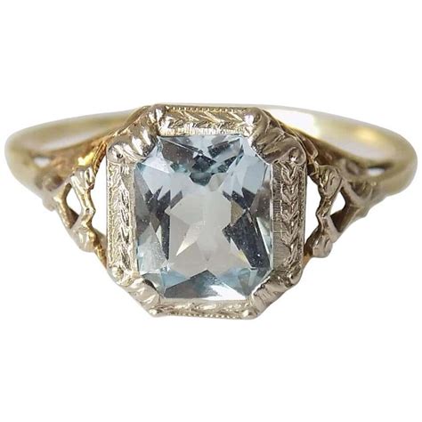 Art Deco Gold Aqua Crystal Solitaire Ring at 1stDibs