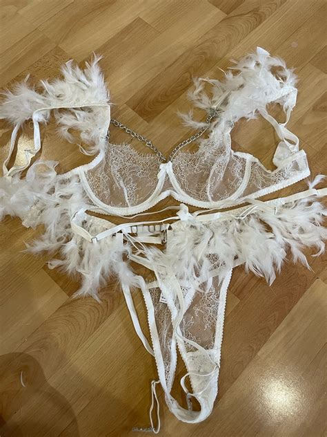 Feather Lace Piece Lingerie Set With Silver Chain White Etsy