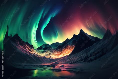 Aurora Borealis AI Generative Northern Lights At Sea Snowy Mountains