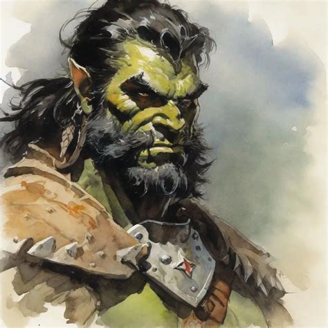 half orc, beard, paladin, portrait, watercolour by f...