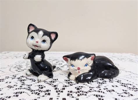 Vintage porcelain cat figurines sold as a set black cat white | Etsy