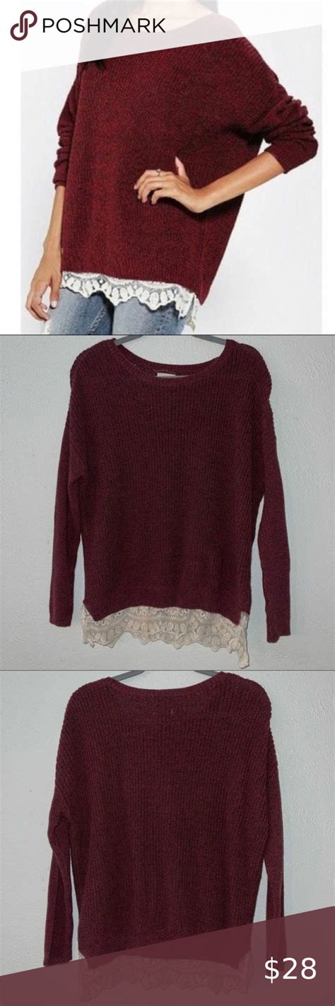 Urban Outfitters Pins Needles Lace Hemmed Oversized Sweater Maroon