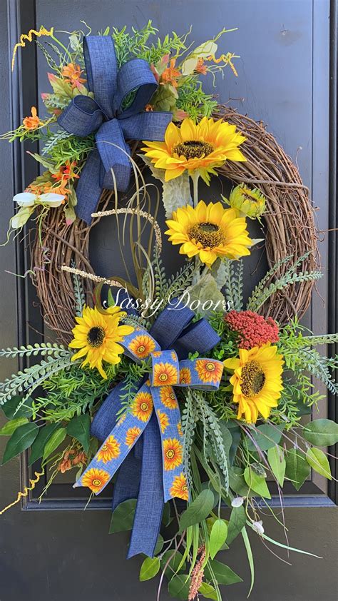 Sunflower Wreath, Denim Wreath, Sunflower Front Door Wreath, Sassy ...