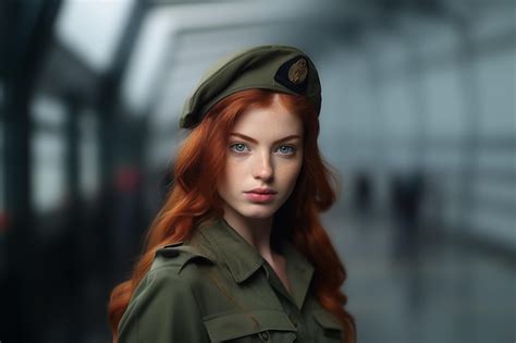 Premium Photo Young Pretty Redhead Girl In Military Uniform