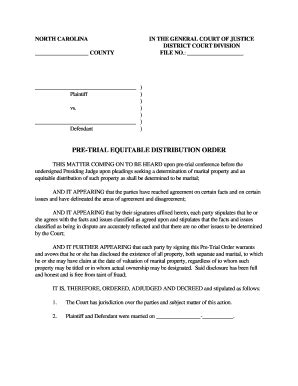 Fillable Online Nccourts Pre Trial Equitable Distribution Order The