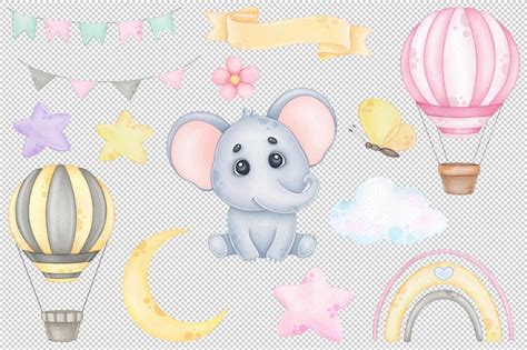 Premium PSD Baby Elephant And Hot Air Balloon Baby Shower Girl