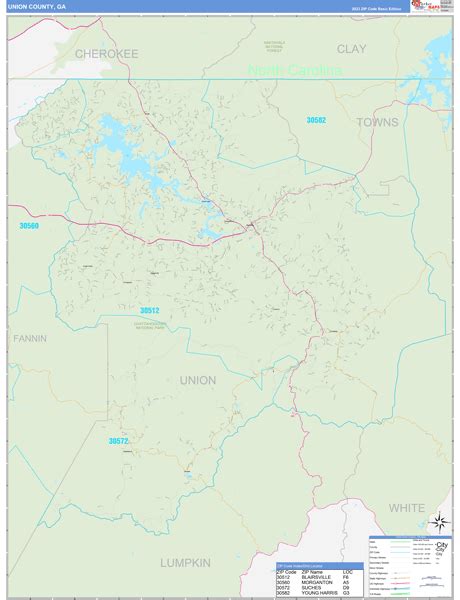 Union County, GA Zip Code Wall Map Basic Style by MarketMAPS - MapSales