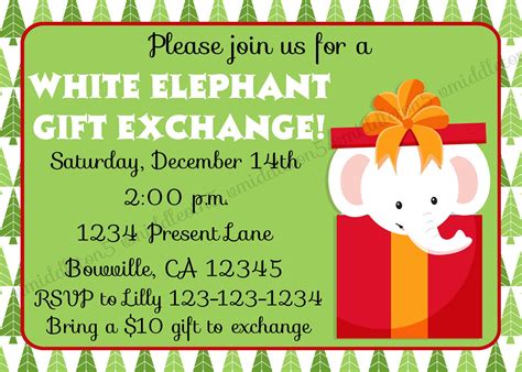 White Elephant Gift Exchange Invitation Print Your Own 5x7 Or