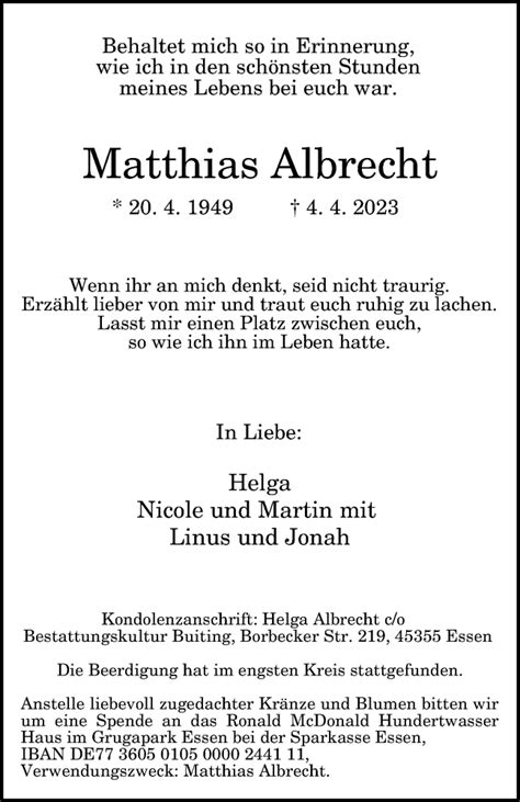 Traueranzeigen Von Matthias Albrecht Trauer In Nrw De