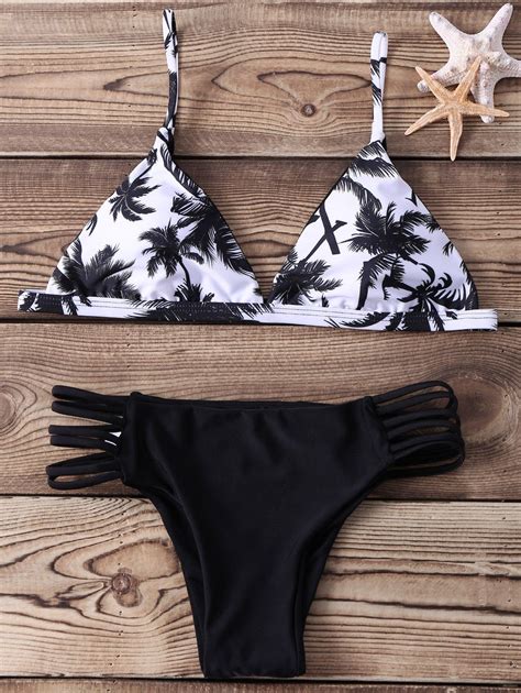 Plant Printed Cami Bikini Swimsuit In Black Zaful