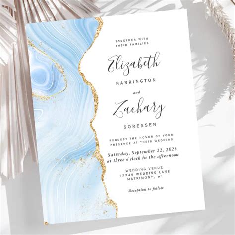 Budget Baby Blue Gold Agate Wedding Invitation Zazzle