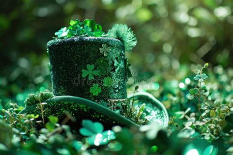 Green Head Hat With Clovers Background Stock Photo Image Of