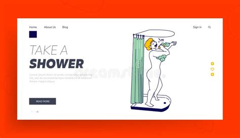 Naked Happy Female Character Bathing Landing Page Template Woman Lathering Body With Soap And