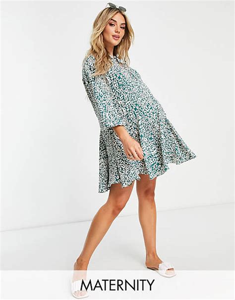 Glamorous Maternity Tie Neck Tiered Smock Mini Dress In Teal Leopard Asos