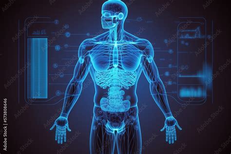 Digital X Ray Human Body Holographic Scan Projection On Dark Blue Background 3d Rendering The