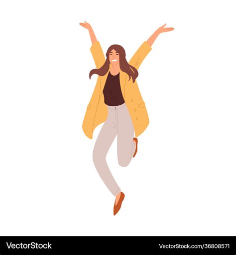 Happy Woman Jumping Up From Joy And Success Vector Image