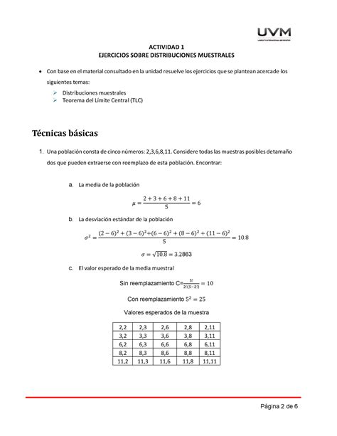 A1 Estadistica Inferecial Actividad 1 Ejercicios Sobre Distribuciones Muestrales Con Base En