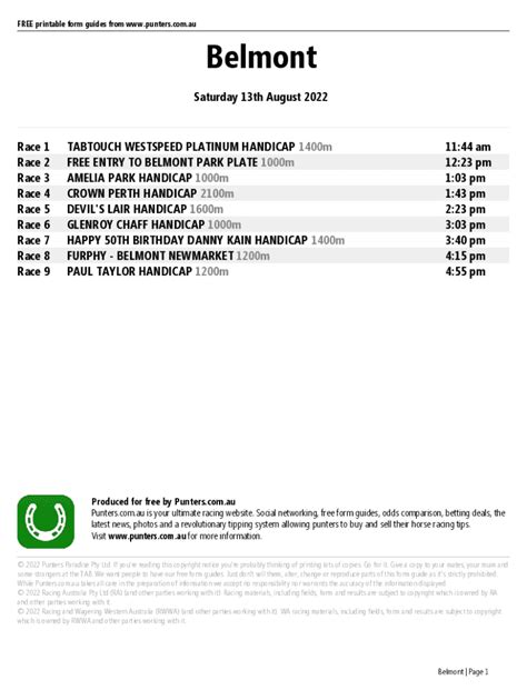 Fillable Online Belmont Printable Form Guide Saturday Th August