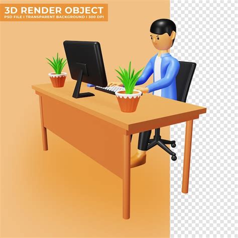 Ilustração 3d de funcionário de escritório trabalhando na mesa PSD