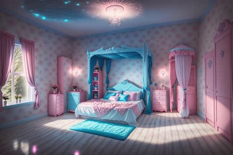 Premium AI Image | A bedroom with a pink and blue bedding and a blue ...