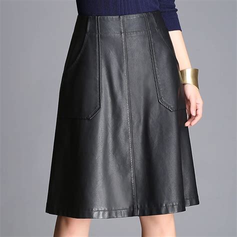 Womens Knee Length Skirt Pu Leather Skirt Slim Waist 2016 Autumn