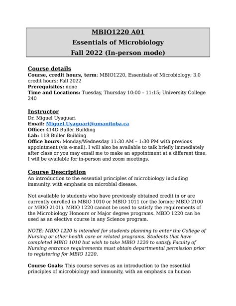 Course Syllabus F Mud Mbio A Essentials Of Microbiology Fall