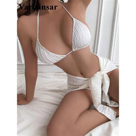 With Sarong Wrinkled Halter Bikini Women Swimwear Female Swimsuit Three