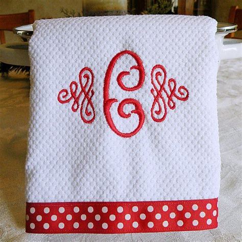 Monogrammed Kitchen Towel Dish Towel Red With White Dots Etsy Machine Embroidery Projects