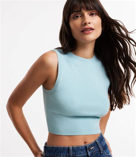 Blusa Regata Cropped Em Viscose Canelada Azul