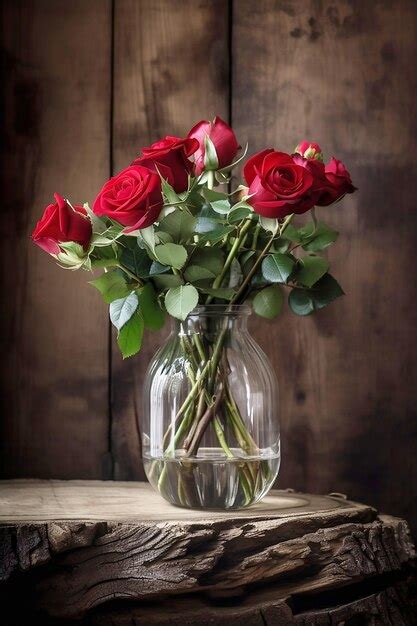 Premium Photo Bouquet Of Red Roses In Glass Vase On Wooden Background